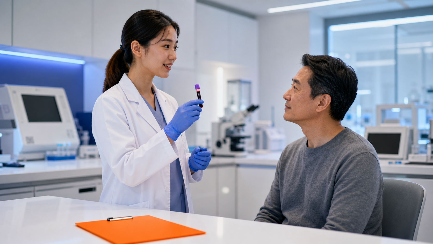 Lab technician wearing blue gloves talks with a seated patient in a bright clinic