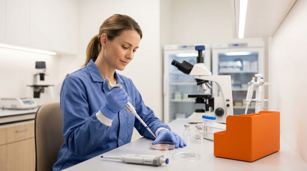 Lab technician in blue coat working at a lab bench beside an orange storage box