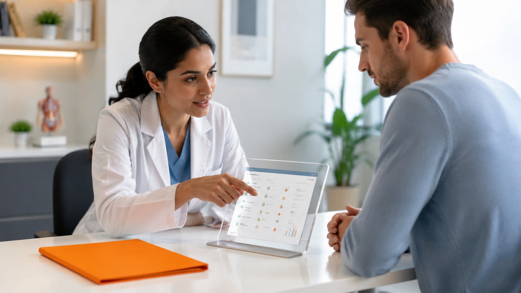 Doctor showing a calendar to a patient during a consultation at a desk with an orange folder.