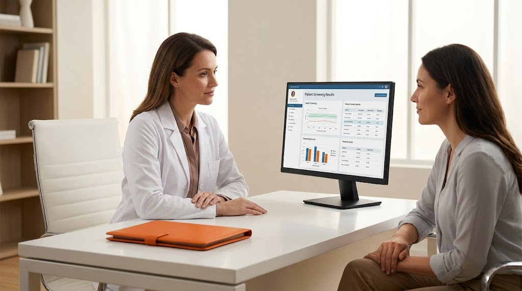 Doctor consulting with a patient at a desk, reviewing a medical chart on a computer screen.