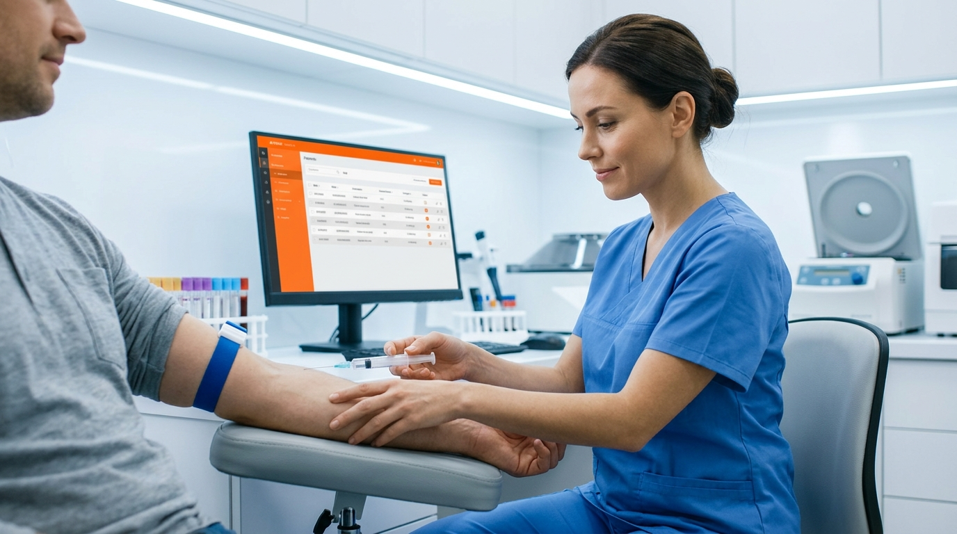 A medical professional in blue scrubs prepares to draw blood from a patient’s arm in a clinical laboratory setting.