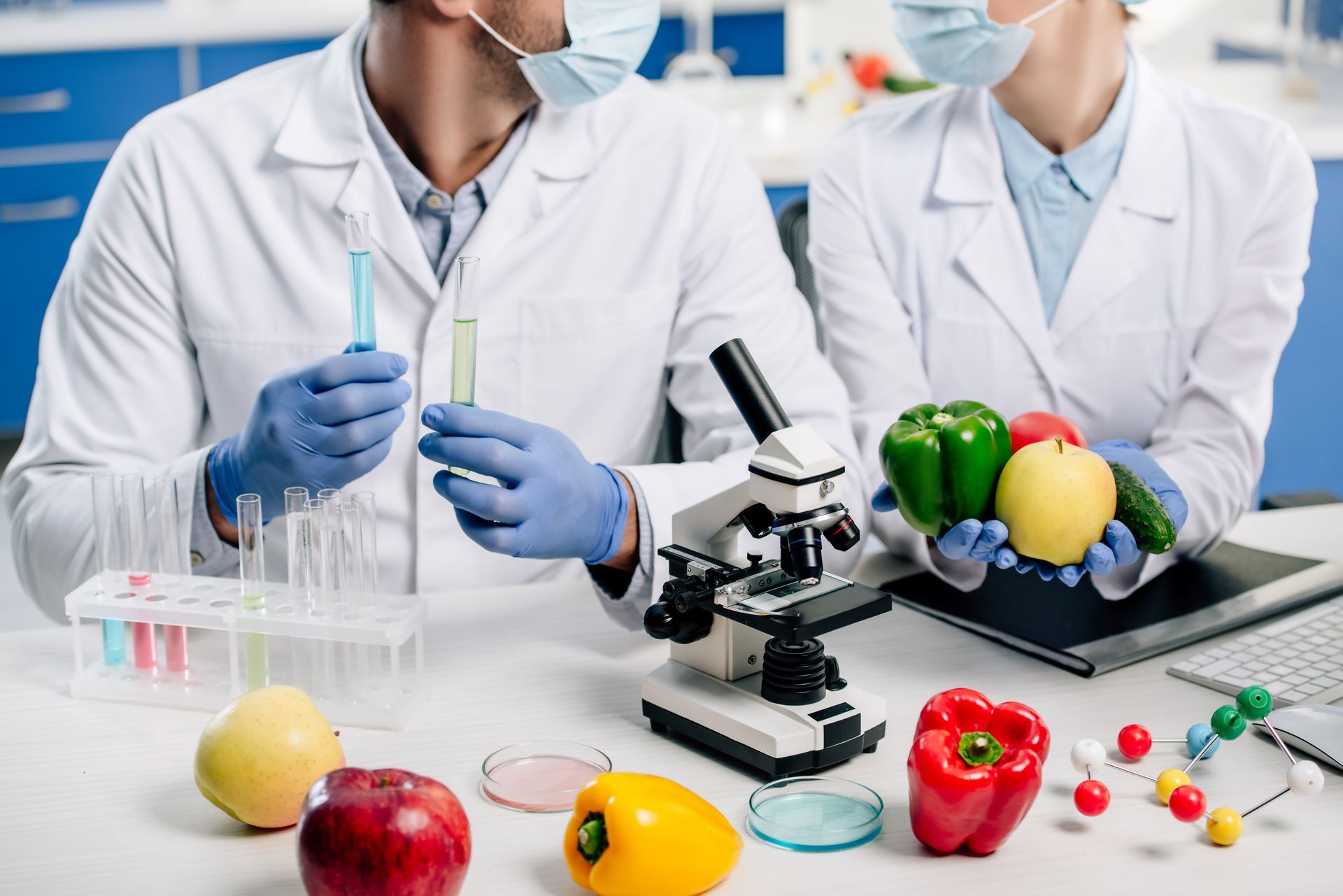 Two scientists are working in a lab with fruits and vegetables.