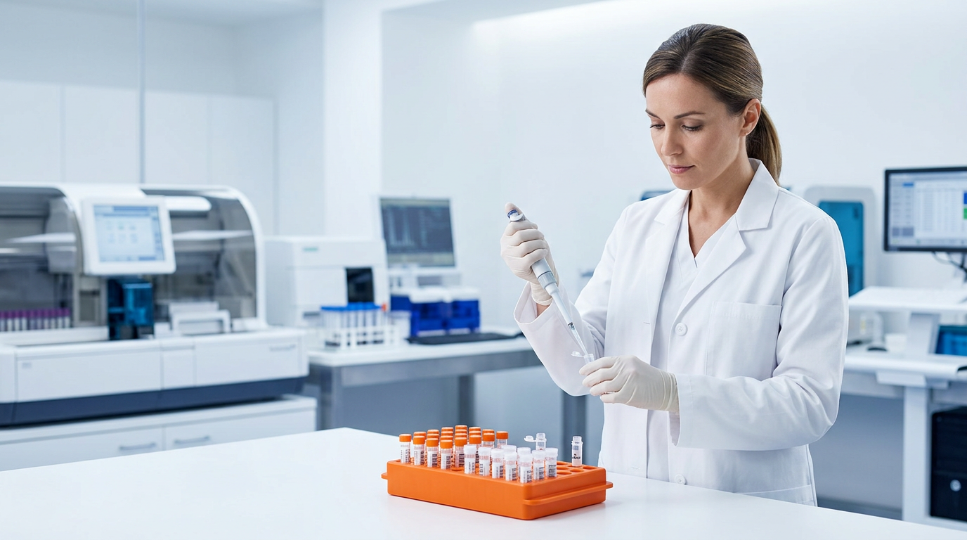 Lab worker in blue coat using a swab at a clean workstation with microscope and orange bin