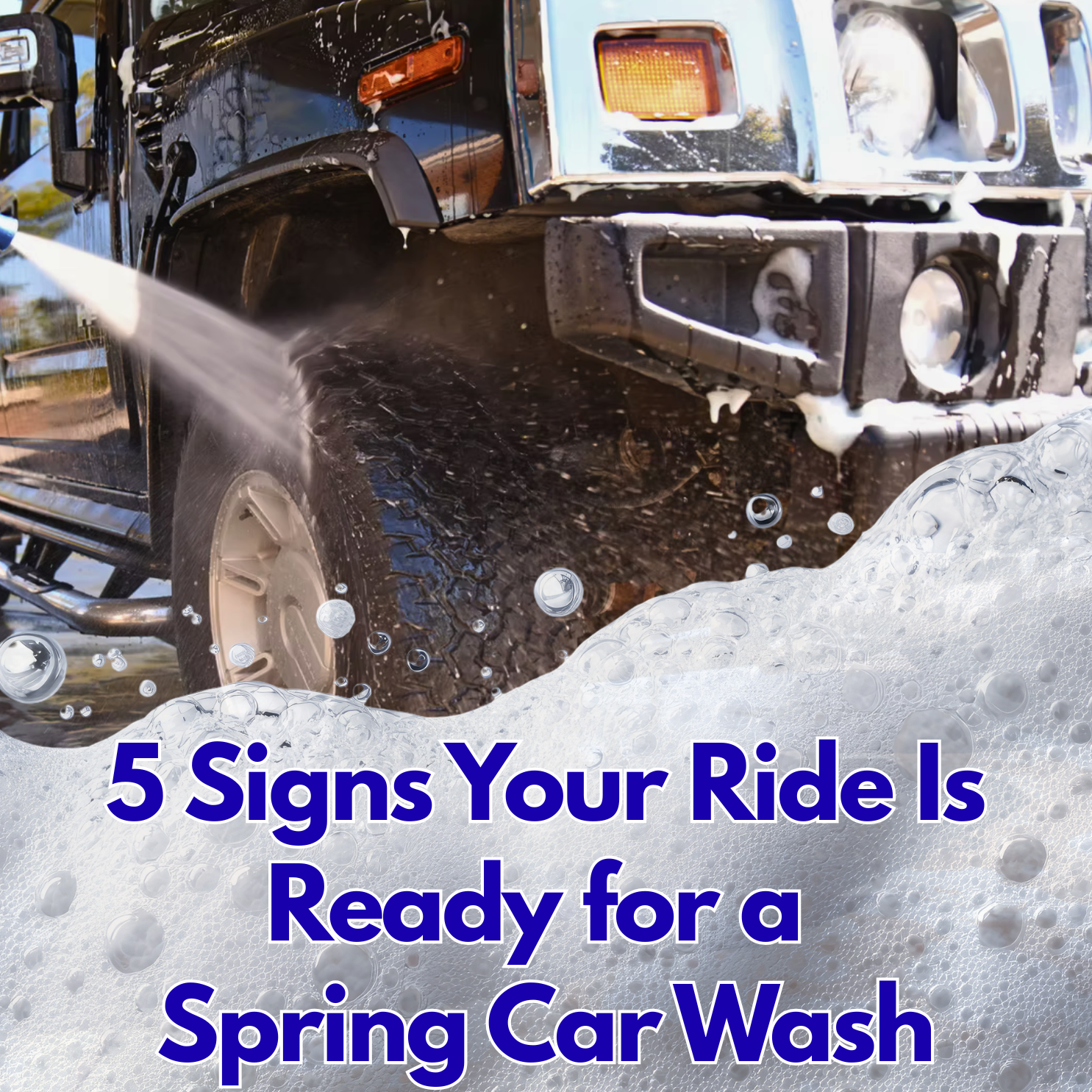 A black Hummer being washed with foamy soap. Text: 