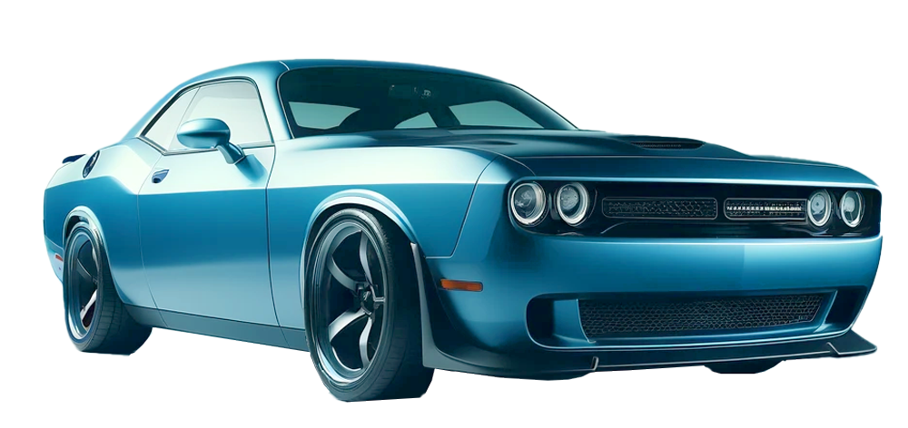 A blue muscle car is shown on a white background.