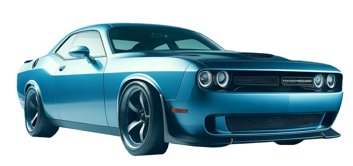 A blue muscle car is shown on a white background.