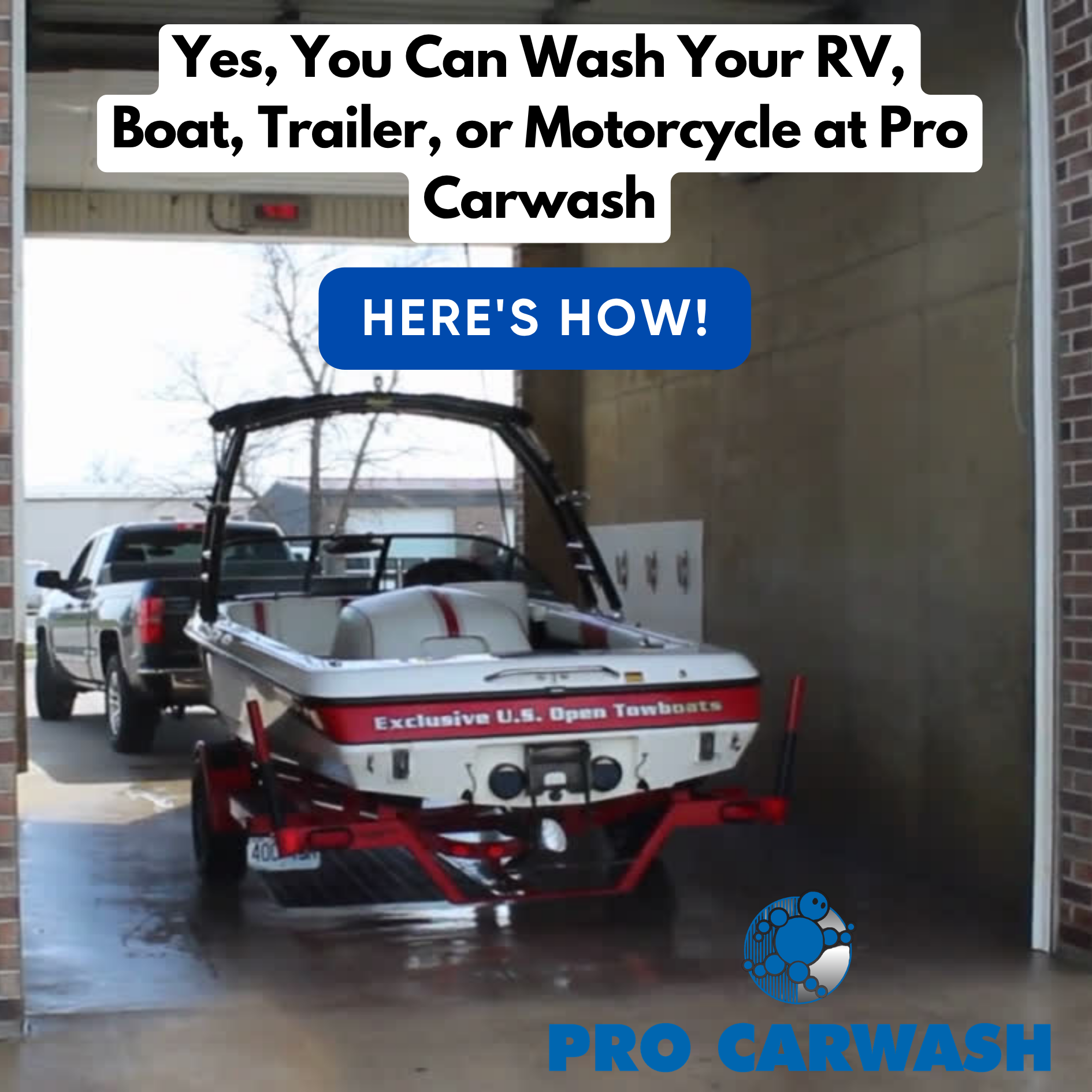 Boat being washed at Pro Carwash under a sign offering RV, boat, trailer, and motorcycle washing.