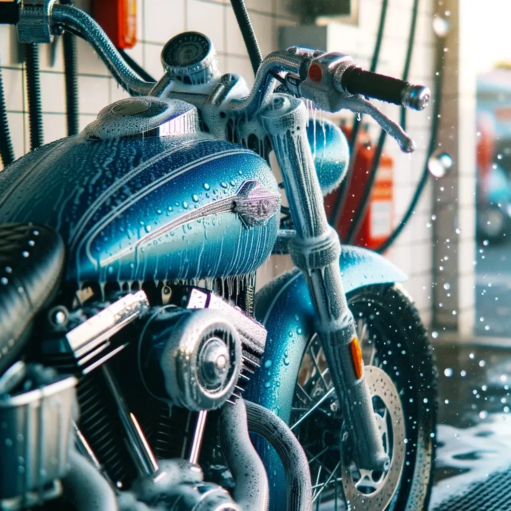 A black harley davidson motorcycle is parked in a self service car wash bay