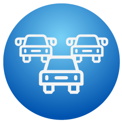 Three car icons in a red circle.