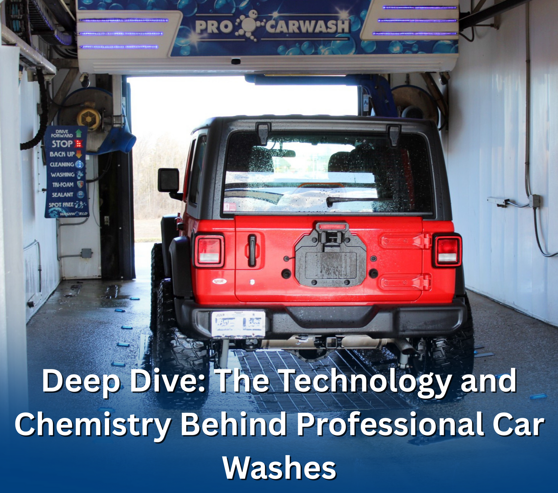 A red jeep is being washed in a car wash