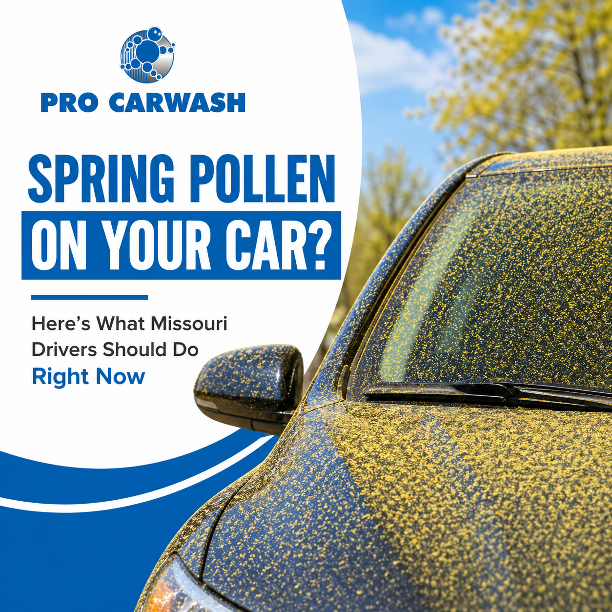 Blue Pro Carwash ad reading “Spring Pollen on Your Car?” with a pollen-covered car against a sky background