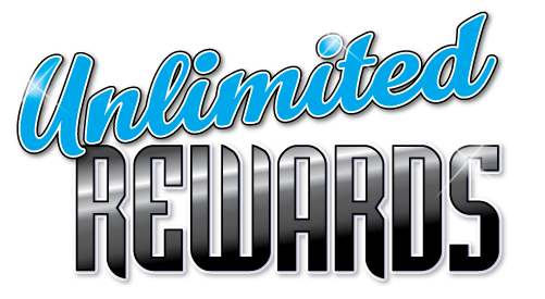 A blue and black logo for unlimited rewards