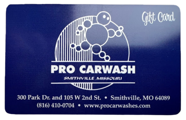 Blue Pro Carwash gift card with white logo and text; includes address, phone, and website.