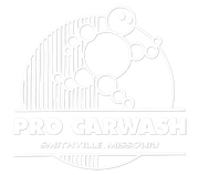 The logo for pro carwash is a blue circle with bubbles in it.