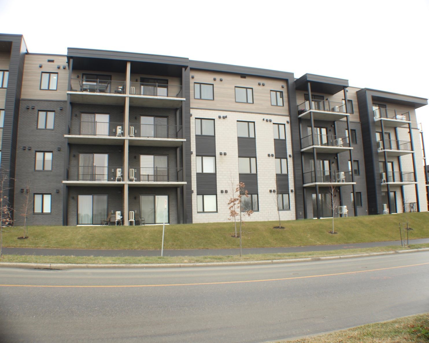 Immeuble d'appartements avec façade grise, noire et beige, balcons, situé derrière une colline verdoyante et une route.