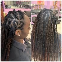Two views of a person's braided hairstyle: front with heart-shaped pattern, and back with long twists.