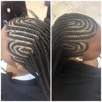 Two photos: Close-up of a woman with braided hair. Pattern features swirling braids on the scalp.