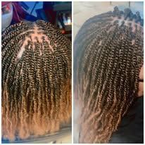 Two views of a person's head with brown and blonde twists. The twists are very small.