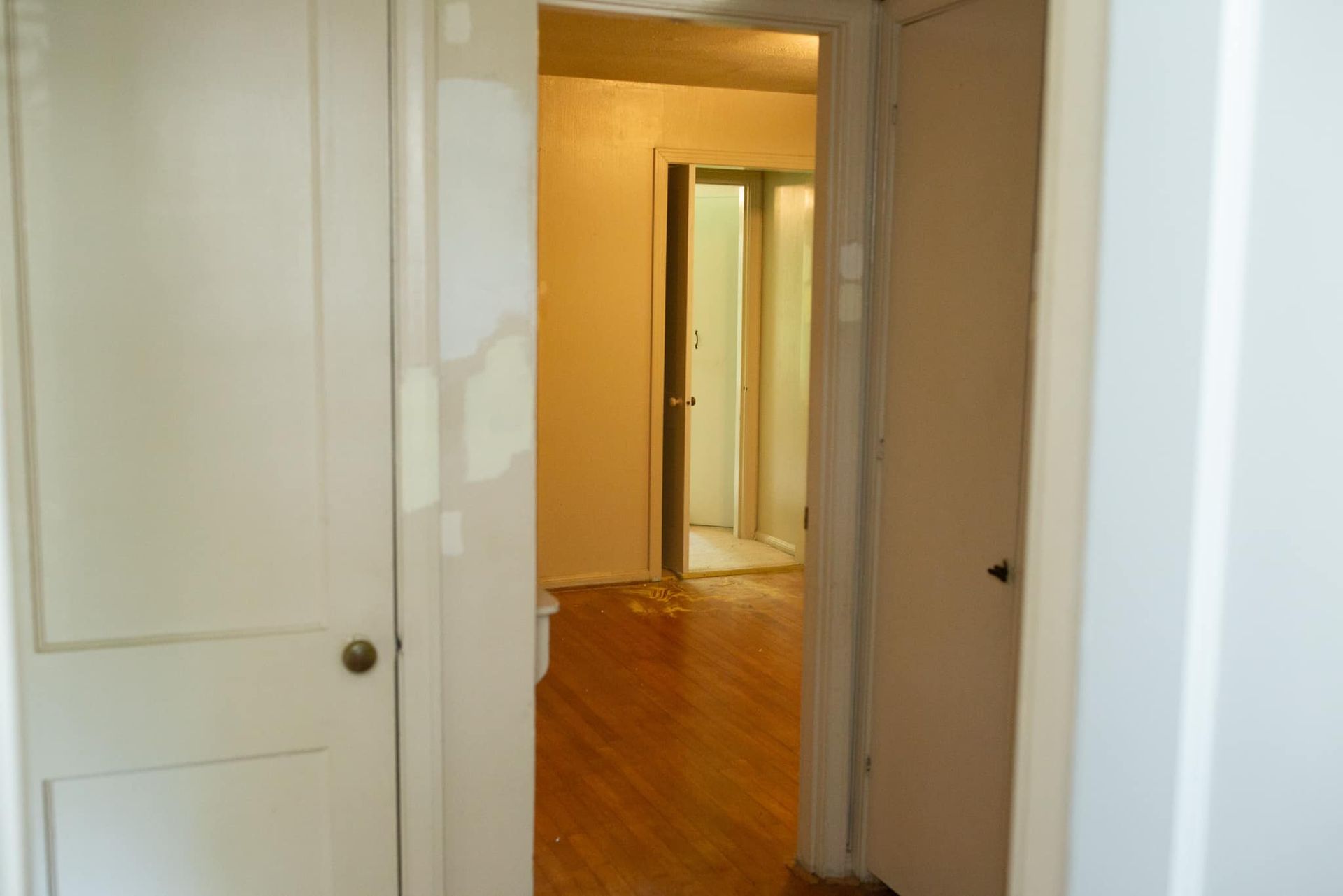 A hallway in a house with a white door and a wooden floor.