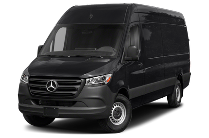 A black van is parked on a white background.