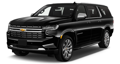 A black chevrolet suburban suv is parked on a white background.