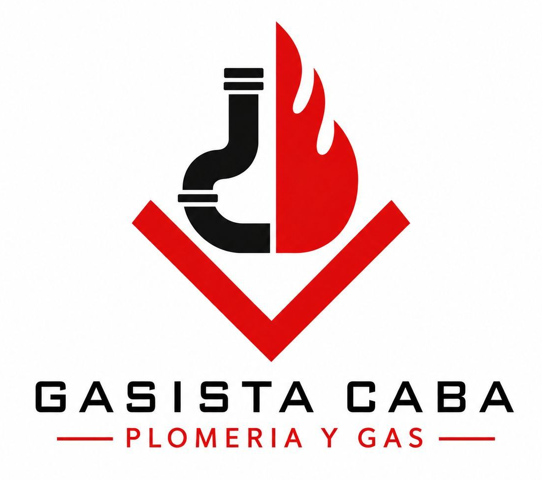 Logo de Gasista Caba con &iacute;cono de llama roja y tuber&iacute;a negra, texto &ldquo;Plomer&iacute;a y Gas&rdquo;