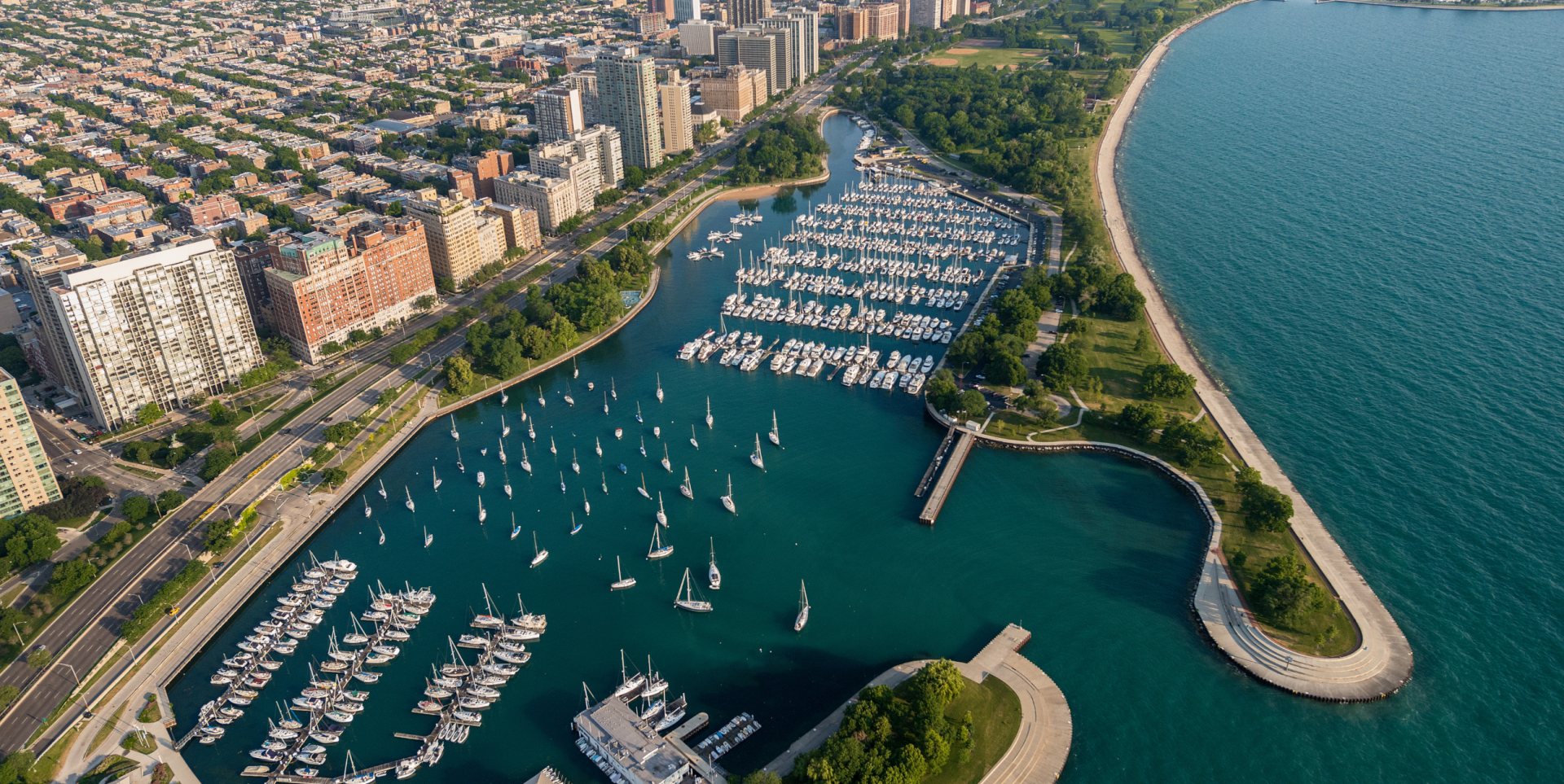 A drone shot of the harbor in Chicago,