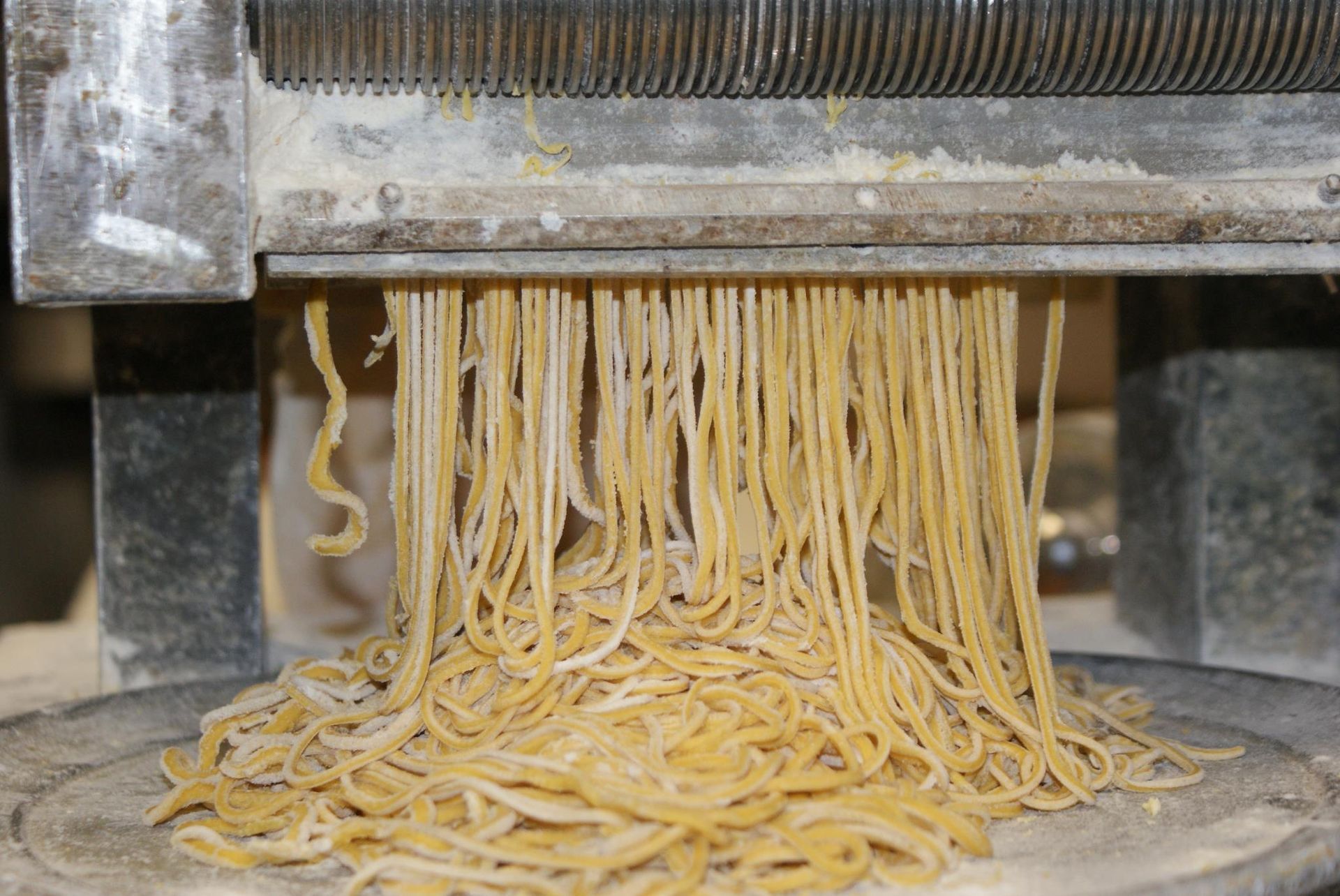 Fresh pasta strands emerging from a machine and piling onto the surface below.