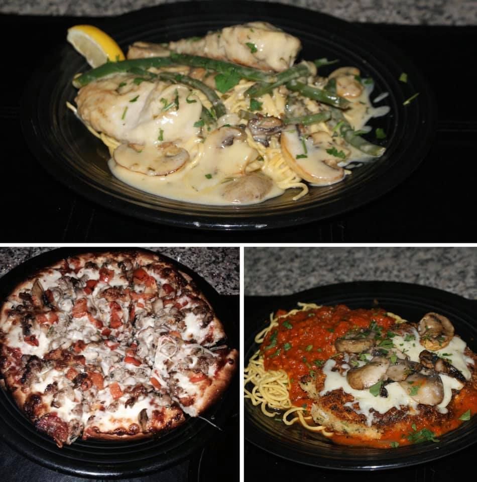 Three plated restaurant dishes, including pasta meals and a loaded pizza, on dark surfaces.
