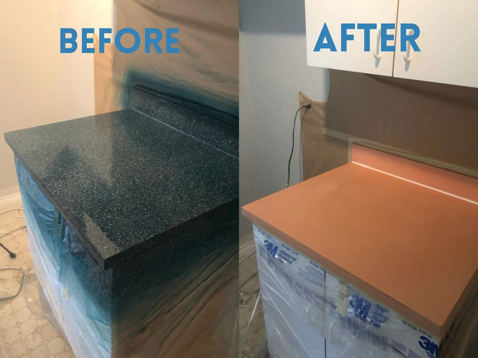 Before-and-after of a kitchen countertop refinished from dark speckled black to smooth copper-orange.