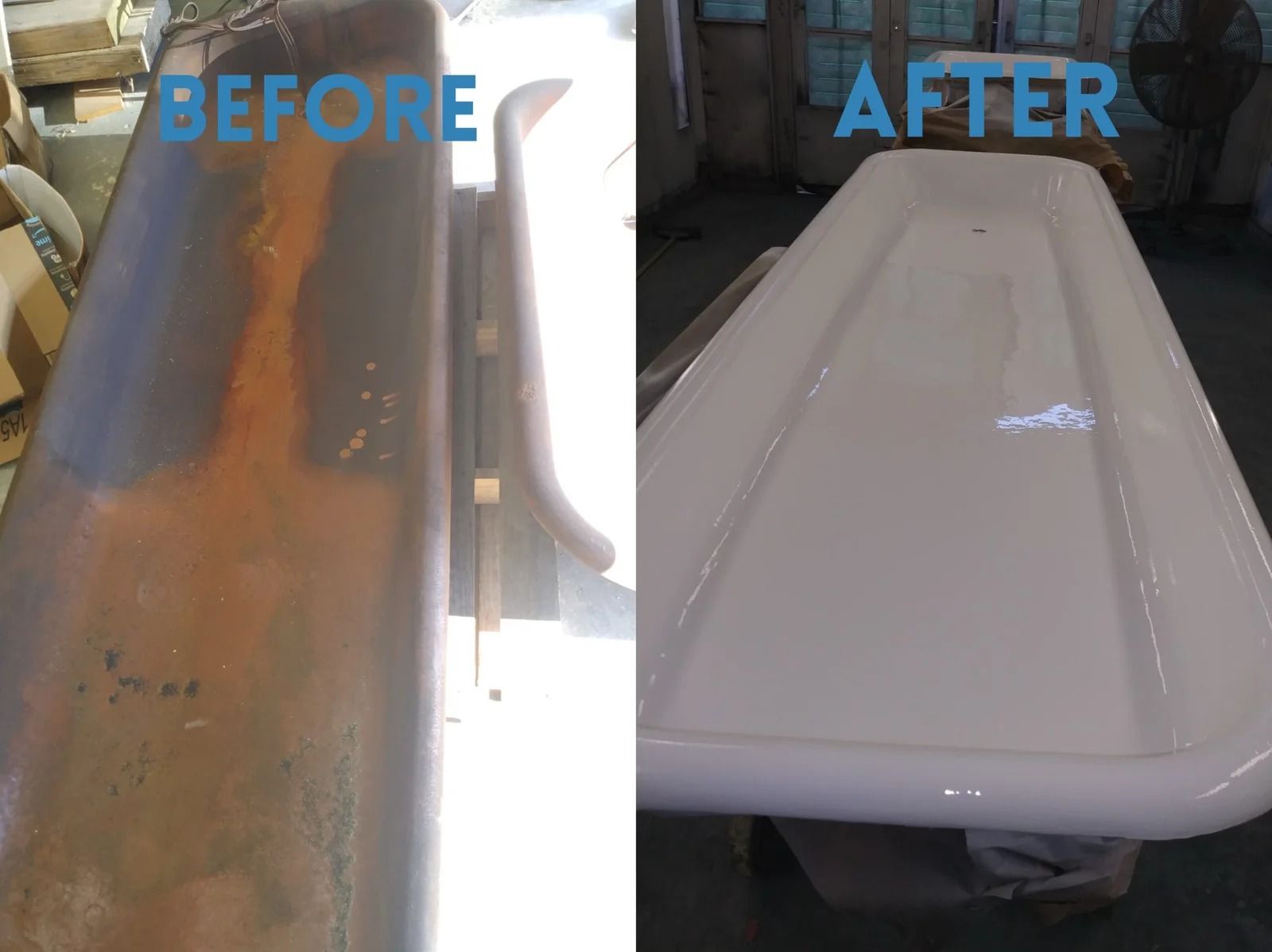 Before-and-after of a rusted bathtub restored to a smooth white finish