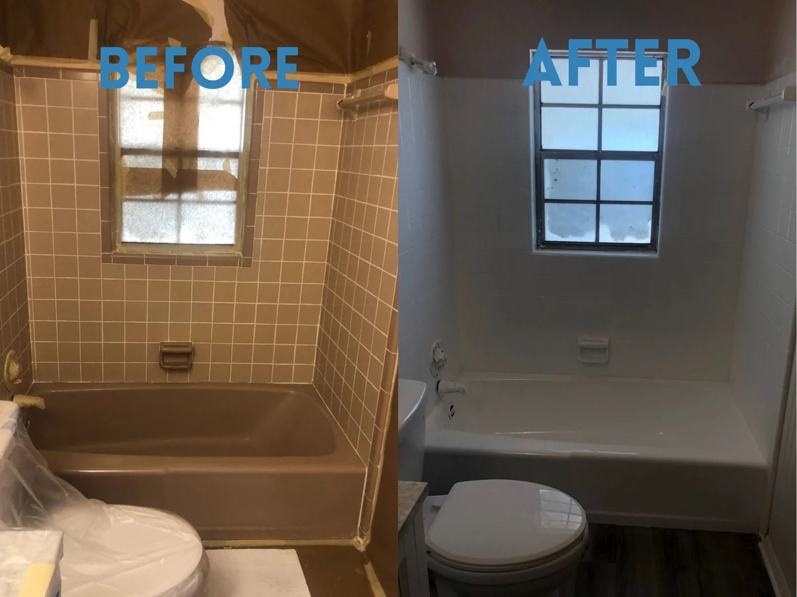 Split-screen bathroom renovation before and after: old tan tile tub area and updated white shower wall.