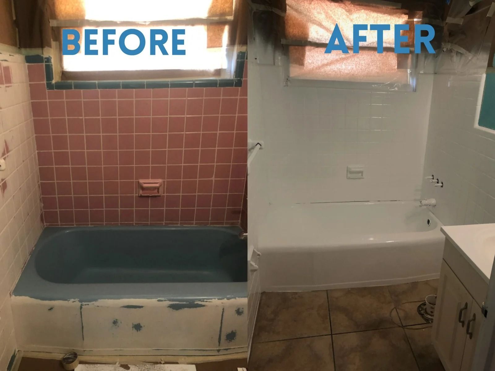 Bathroom tub renovation comparison: old pink-tiled tub “before” and white-tiled tub “after”