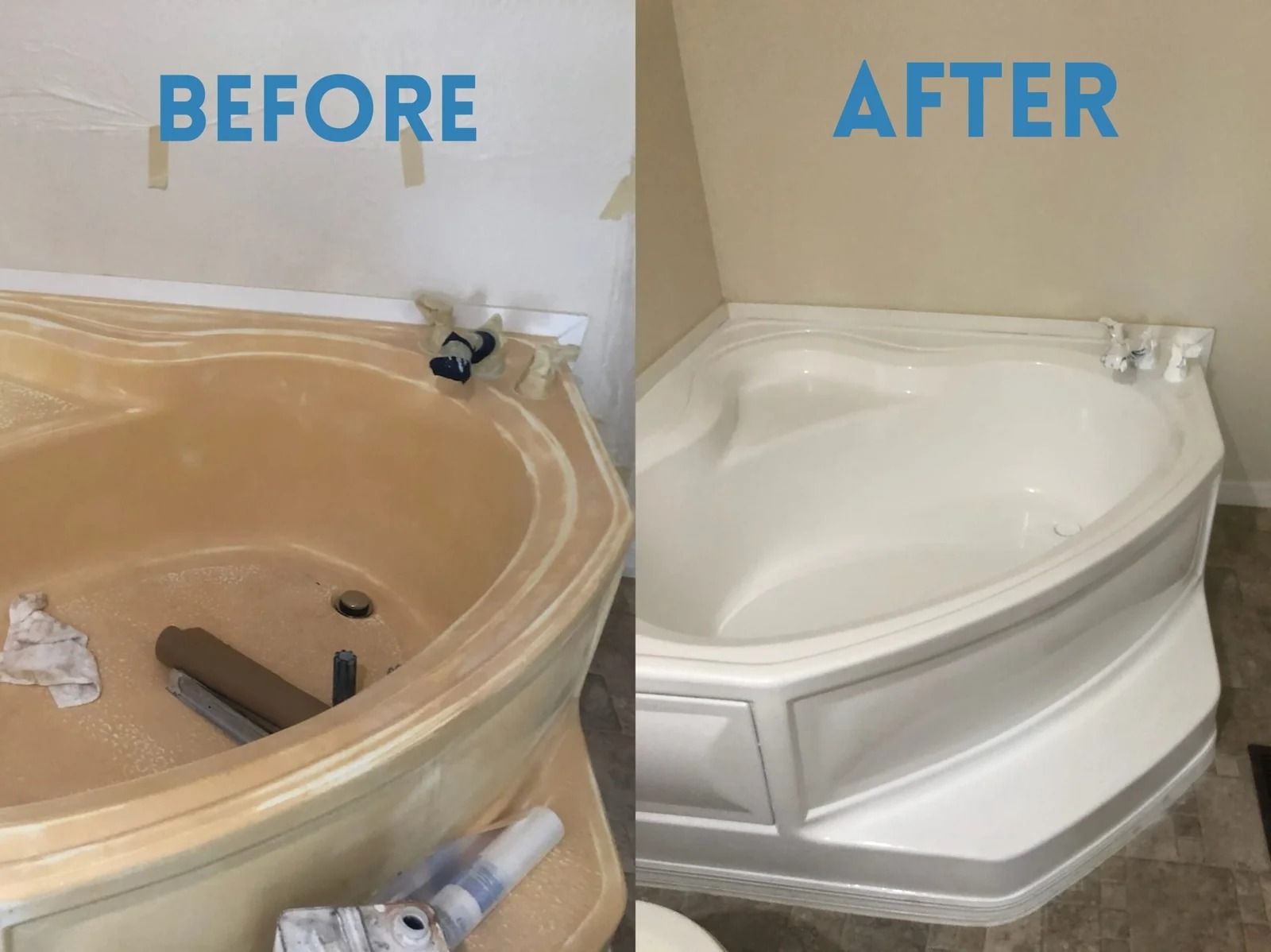 Bathroom corner sink before and after renovation, showing tan damaged sink replaced with a white one