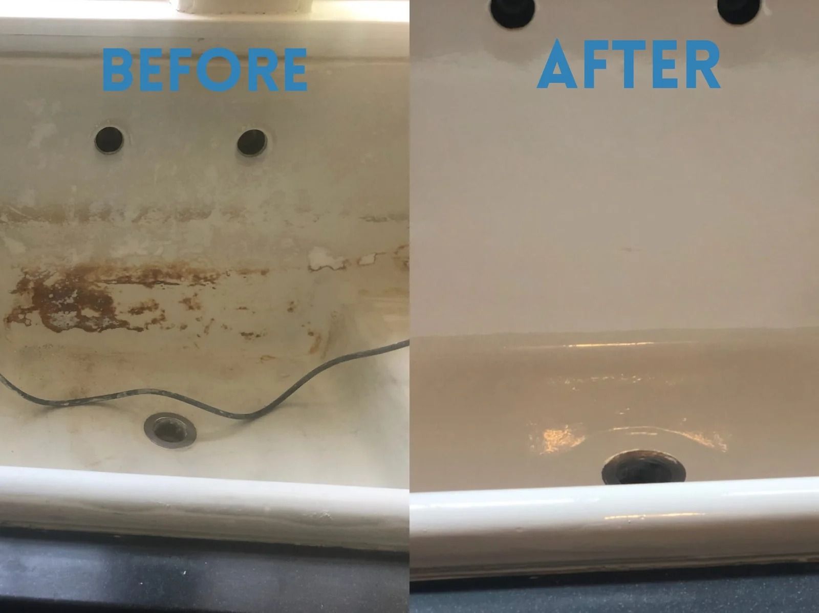 Bathtub repair comparison labeled “BEFORE” and “AFTER,” showing a stained tub area cleaned and restored