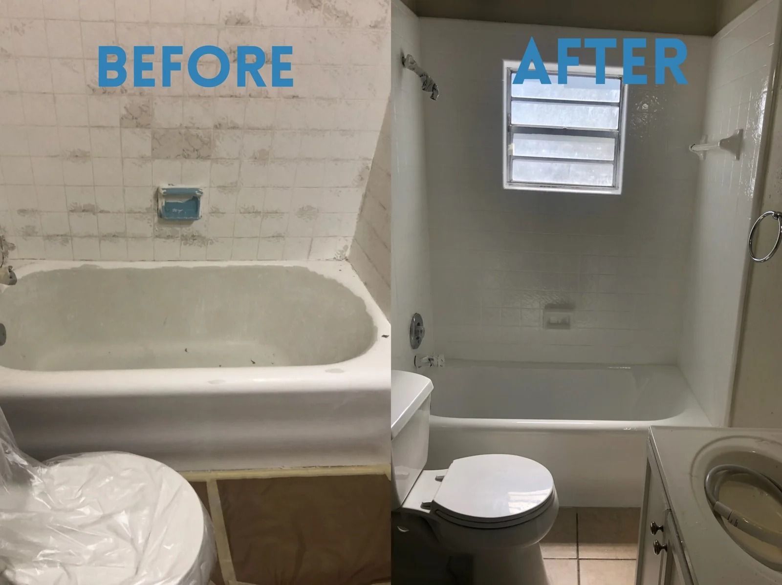 Before-and-after bathroom renovation: old tub on left, new shower with window on right.