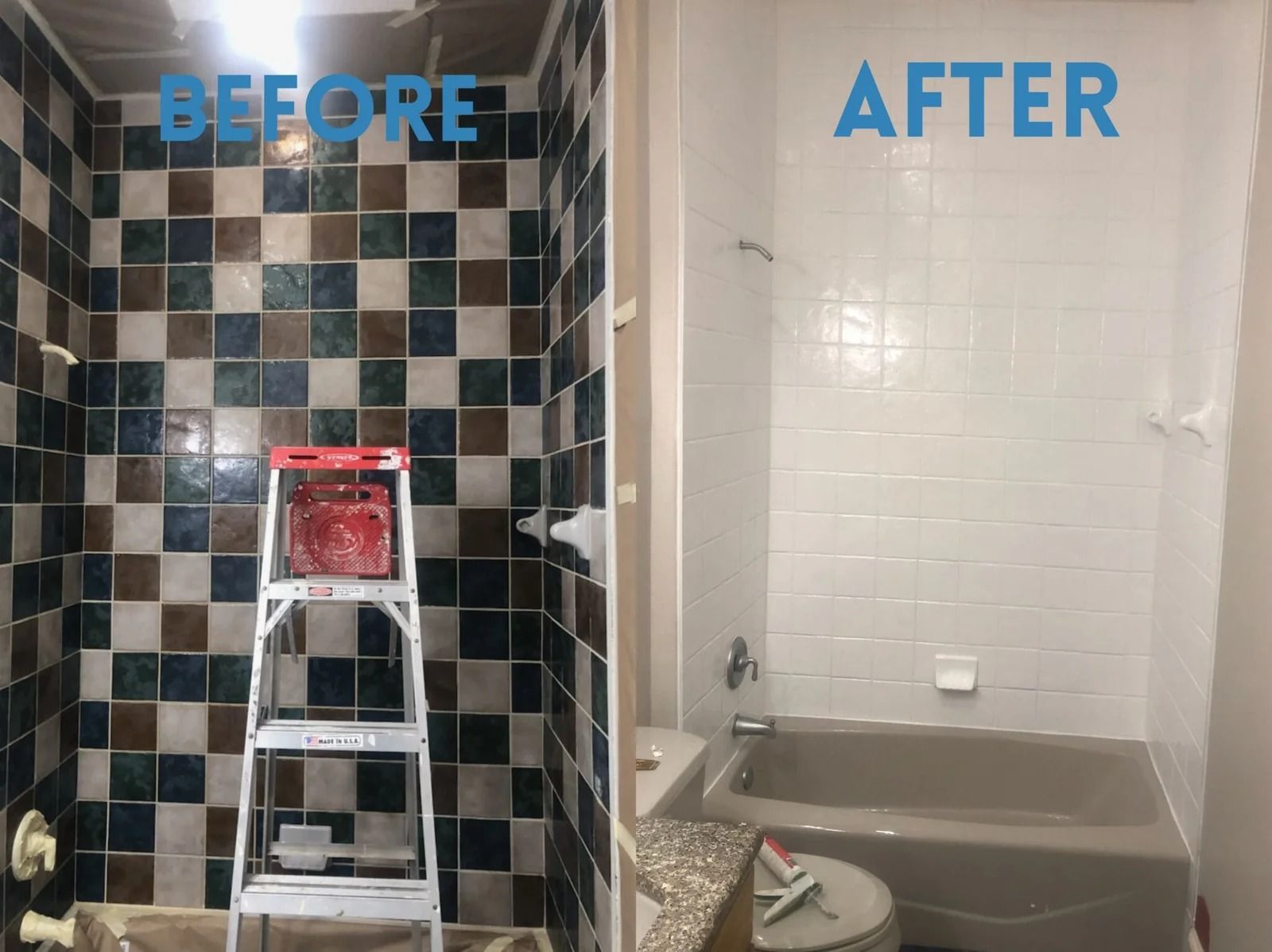 Before-and-after bathroom shower wall remodel: dark tile replaced with white tile.