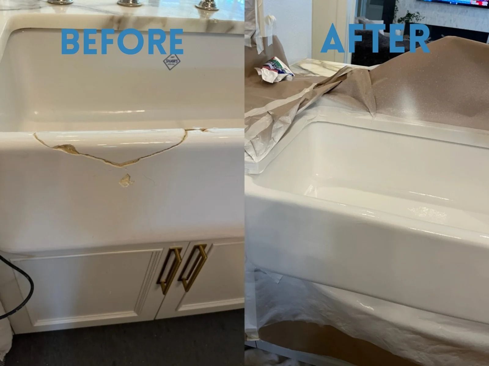 Split-screen bathroom sink damage labeled before and after, showing a broken countertop and cracked basin.