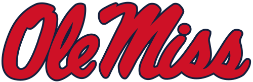 The ole miss logo is red and blue on a white background.