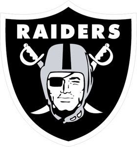 The raiders logo is a shield with a man wearing a helmet and two swords.