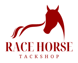 A red horse logo for race horse tack shop