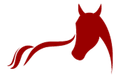A red silhouette of a horse with a long tail