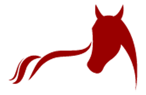 A red silhouette of a horse with a long tail