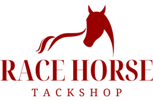 A logo for race horse tack shop with a red horse
