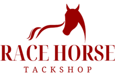 A logo for race horse tack shop with a red horse