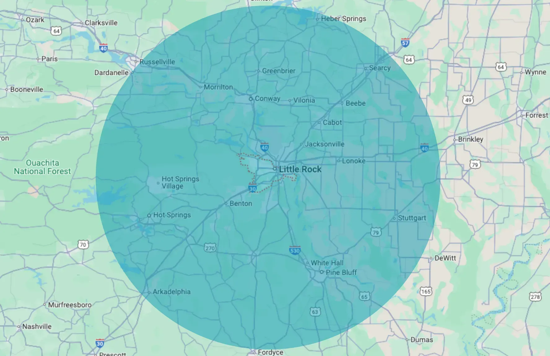 Service Area map photo for Roelke Roofing in Central Arkansas