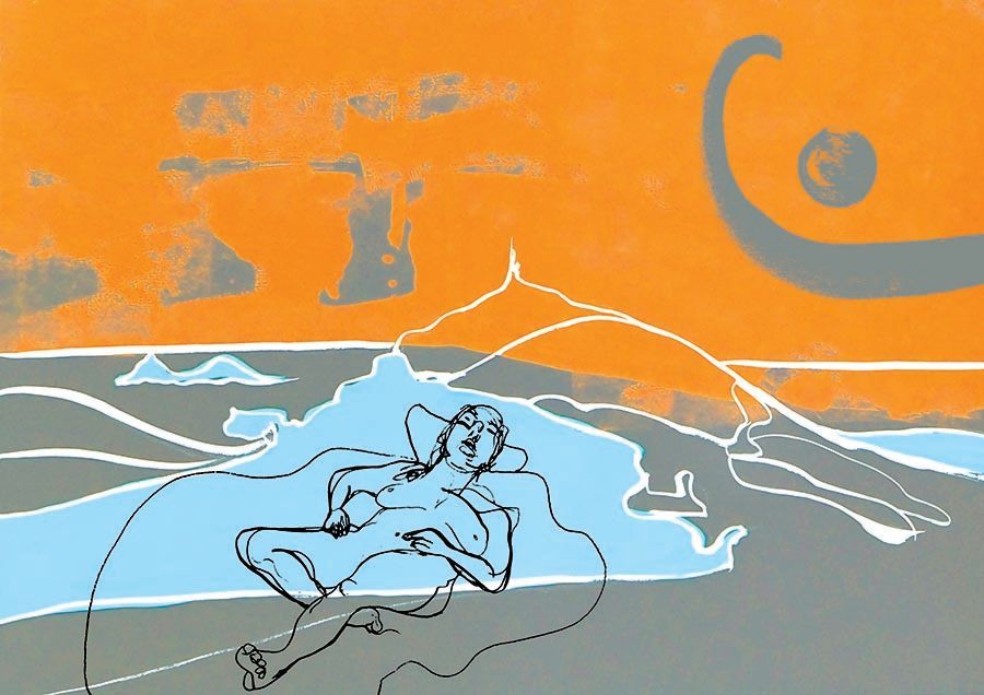 A simple white line drawing of a hill (Cape Cornwall) and the horizon (the sea). The background in a medium grey which bleeds into the orange sky. Parts of the land is filled in light blue and there is a loose black line drawing of a naked lady in the foreground.