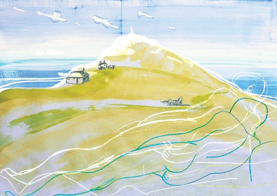 A  hill (Cape Cornwall) formed with large yellowy / green brush strokes with 3 draw buildings. Blue sea and sky in the back ground with wispy clouds. Foreground has a simple blue line drawing of a naked figure repeated lightly in white. 