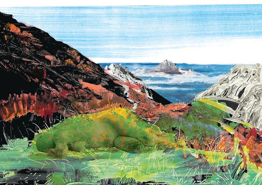 A valley image with sea in the back ground built up with mainly black and orange slopes with some grey (rocks) on the edges. Grey (island) in the sea. Foreground in a green mount made up of a photographic image of a sculpture of a naked woman.