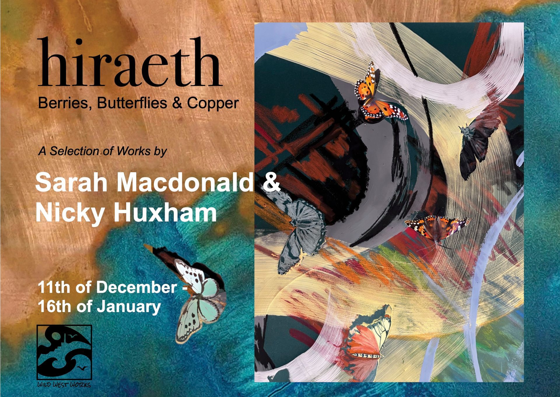 Poster for Exhibition - Hiraeth. Poster features close up of painted copper with swirls and butterflies.